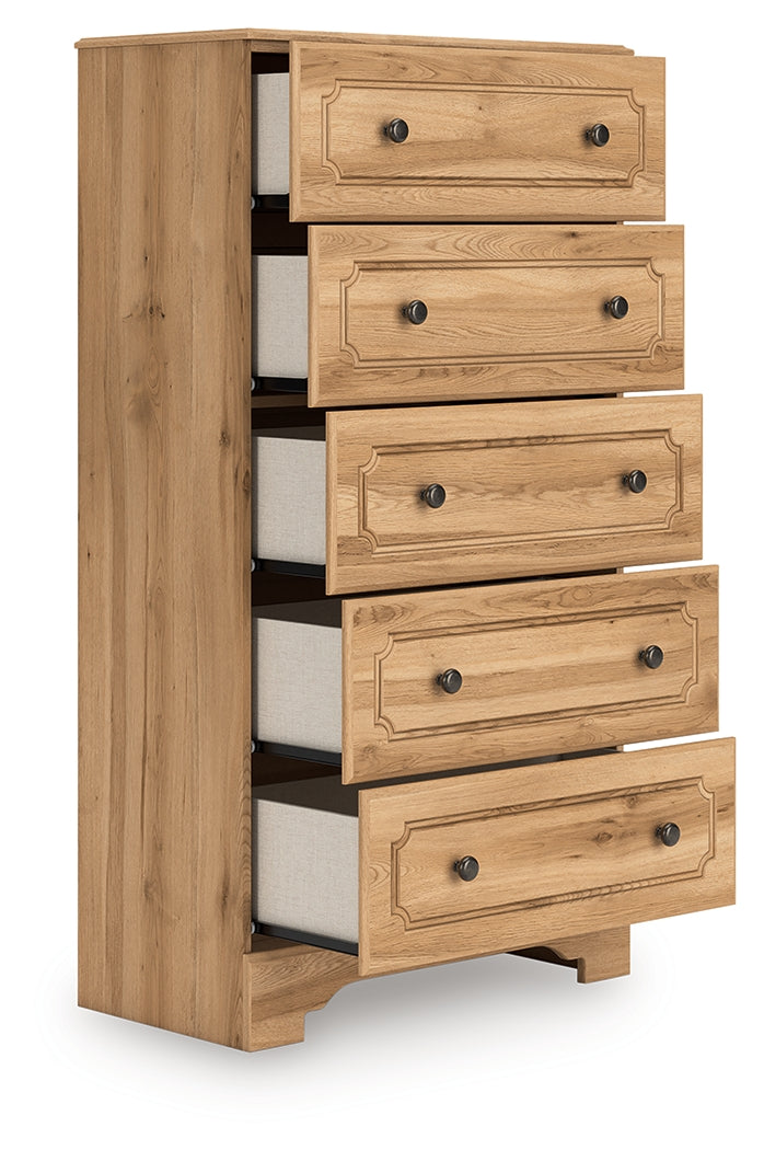 Aleaport Chest with drawers open showing faux linen interiors
