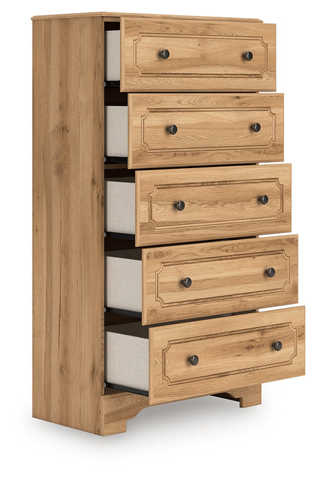 Aleaport Chest with drawers open showing faux linen interiors