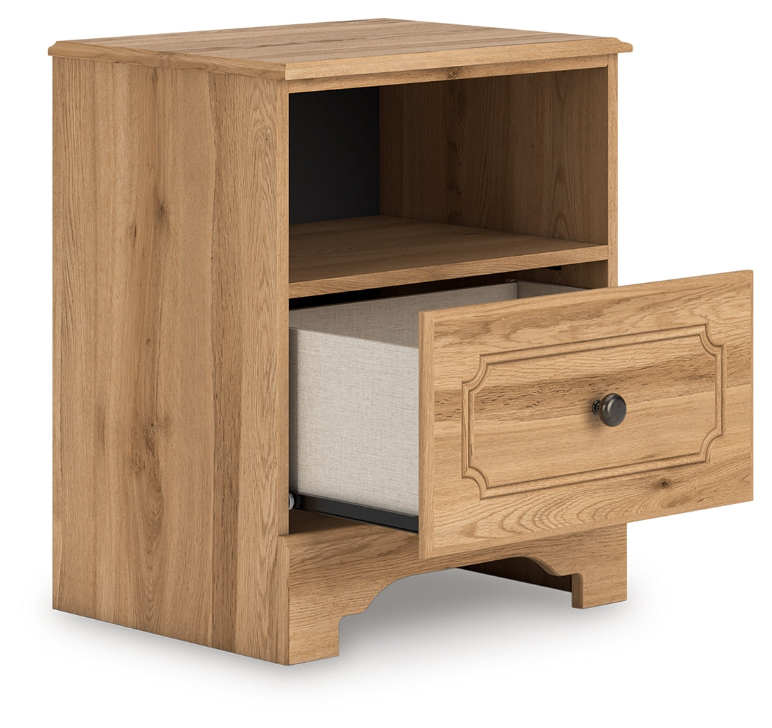 Aleaport nightstand angled side view with drawer open