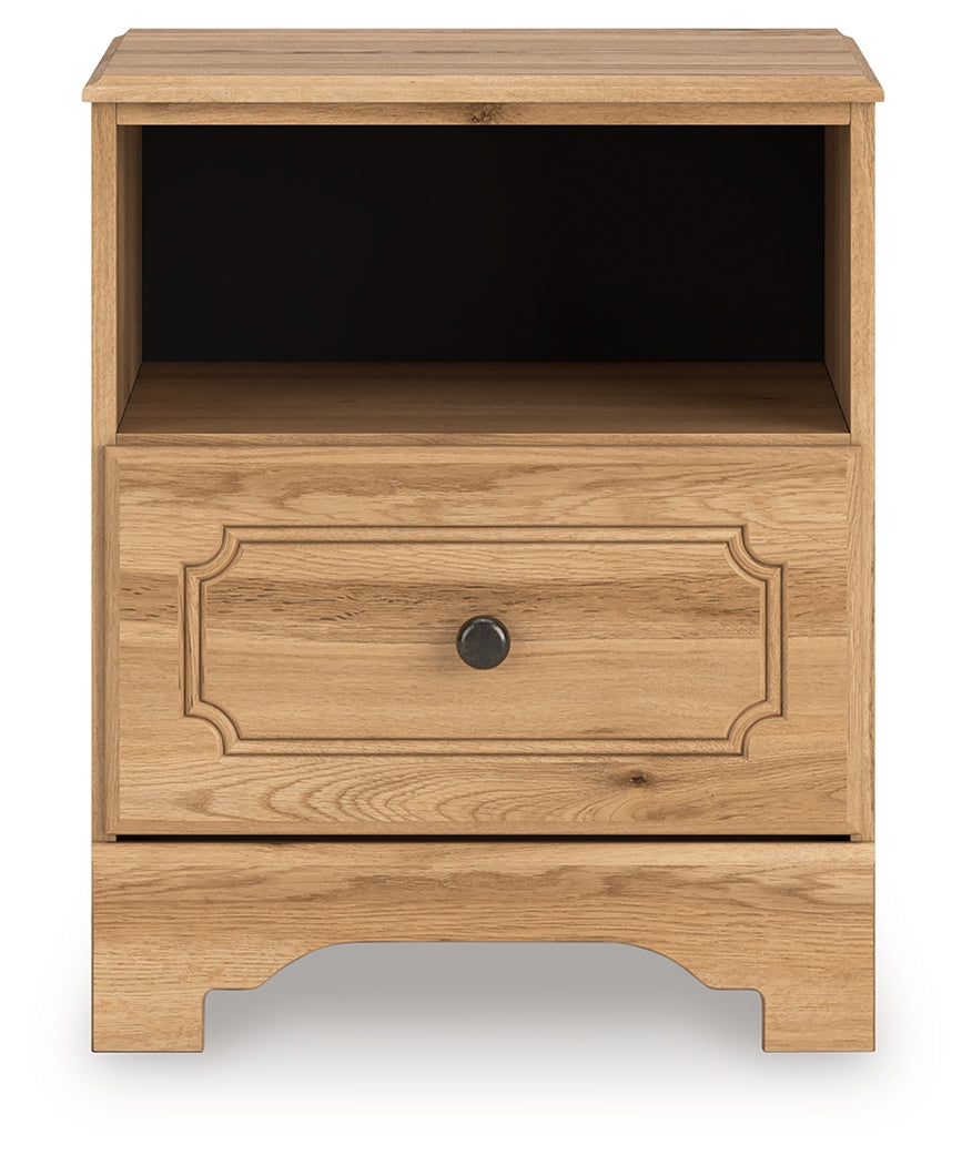 Aleaport nightstand front view with drawer and open shelf