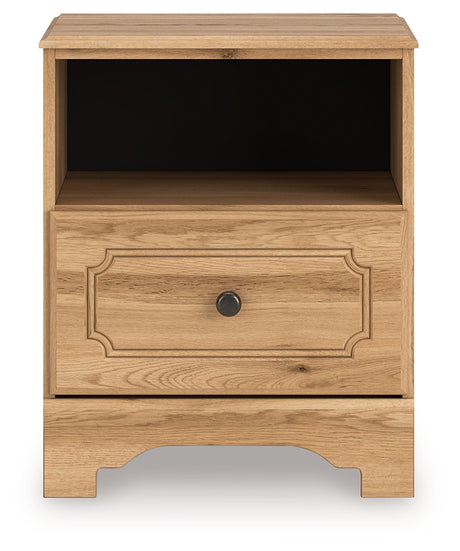 Aleaport nightstand front view with drawer and open shelf