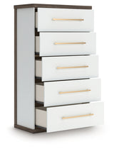 Open drawer showing faux linen laminate interior