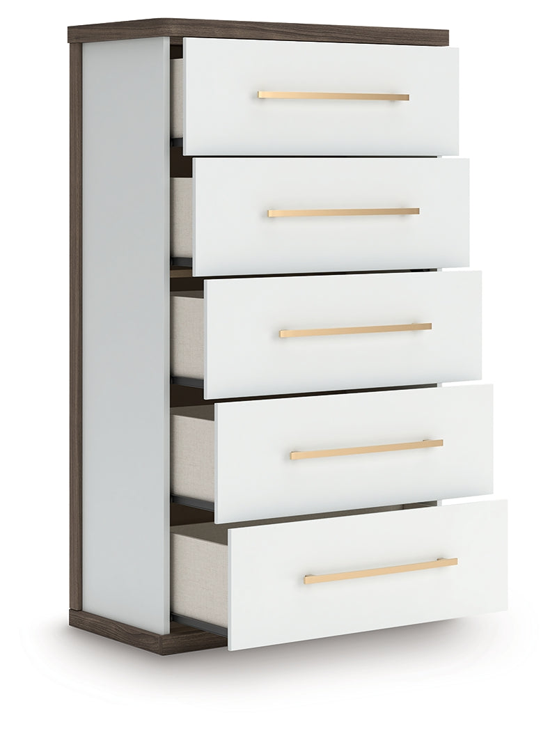 Open drawer showing faux linen laminate interior