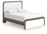 Kendanport Queen Upholstered Bed angled view with headboard lighting on