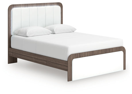 Kendanport Queen Upholstered Bed angled view with headboard lighting on