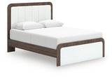 Side view of Kendanport Queen Upholstered Bed showing platform and footboard