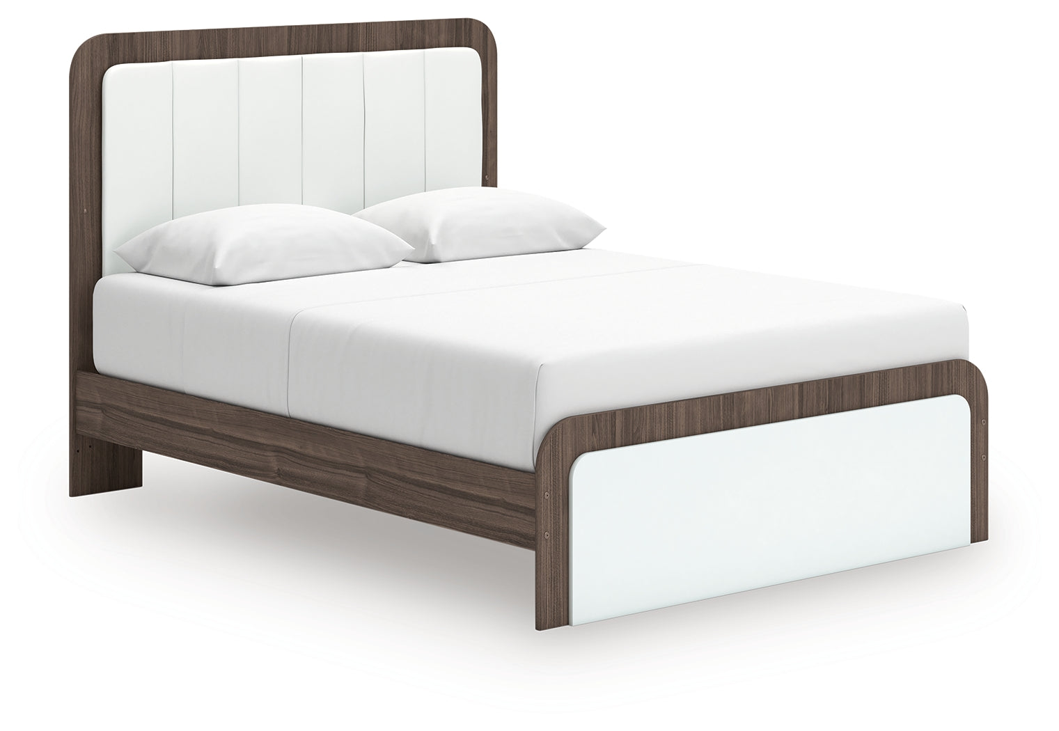 Side view of Kendanport Queen Upholstered Bed showing platform and footboard