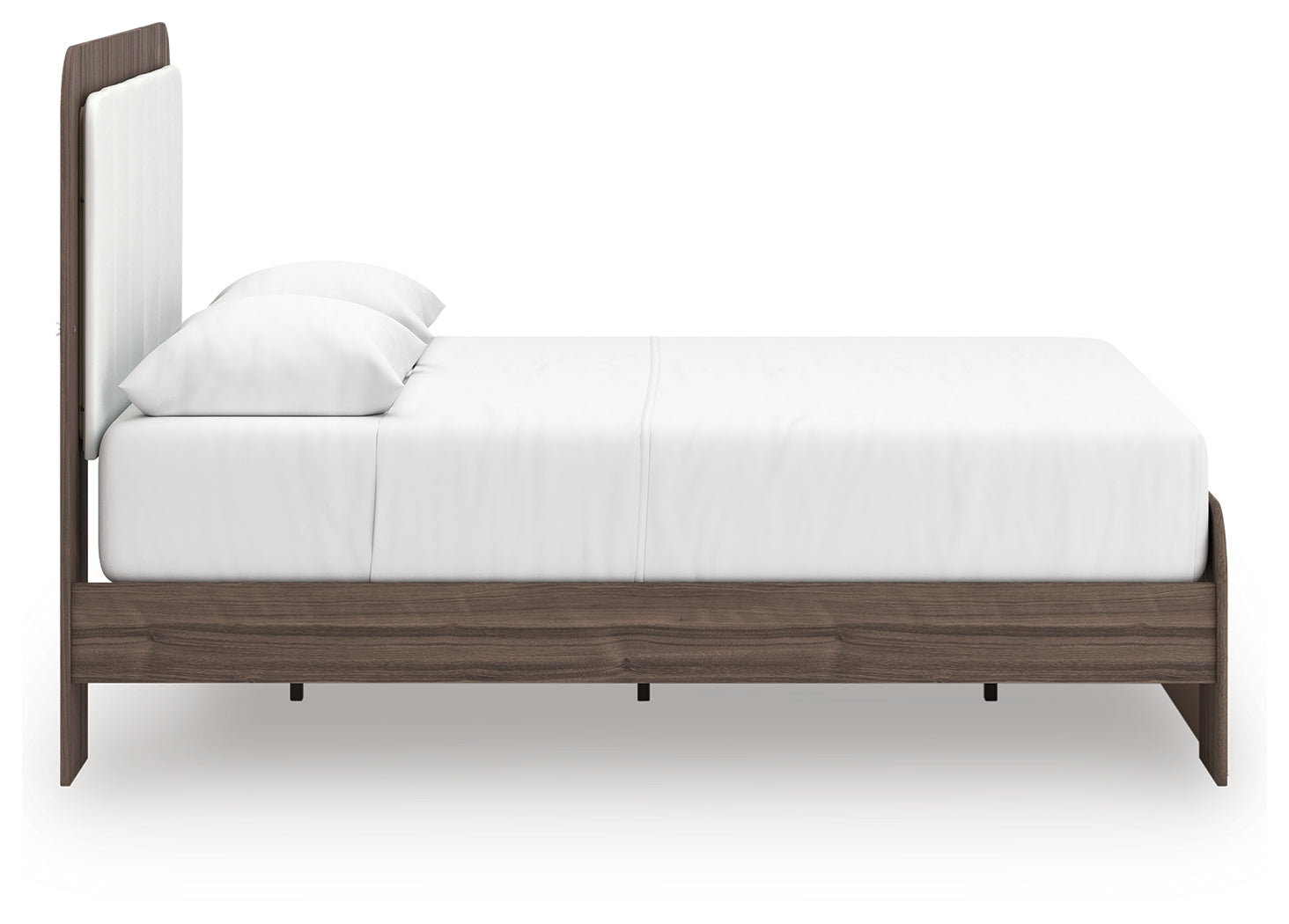 Detail of two-tone walnut grain and white matte finish on bed frame