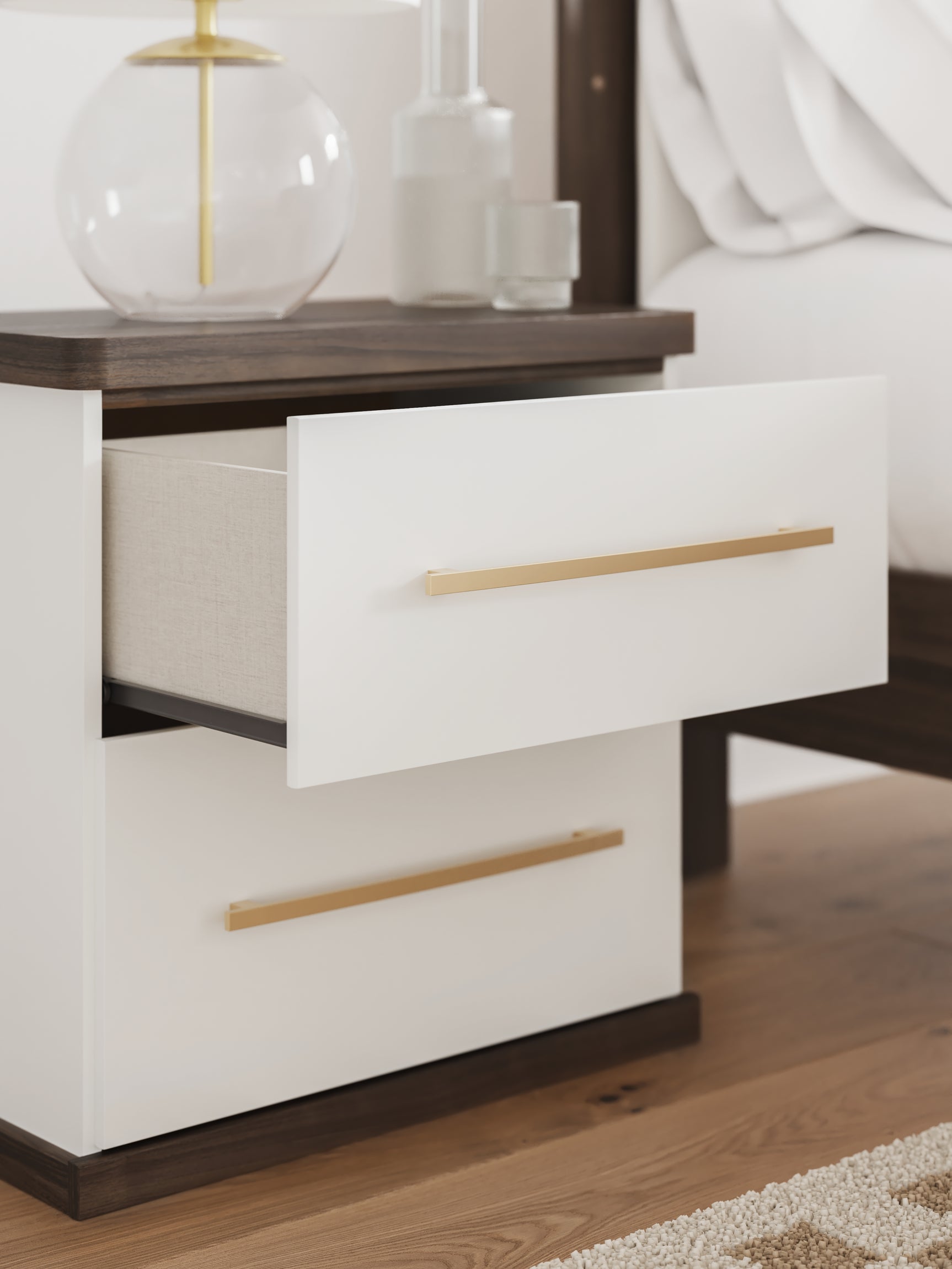 Close-up detail of champagne handle and laminate surface