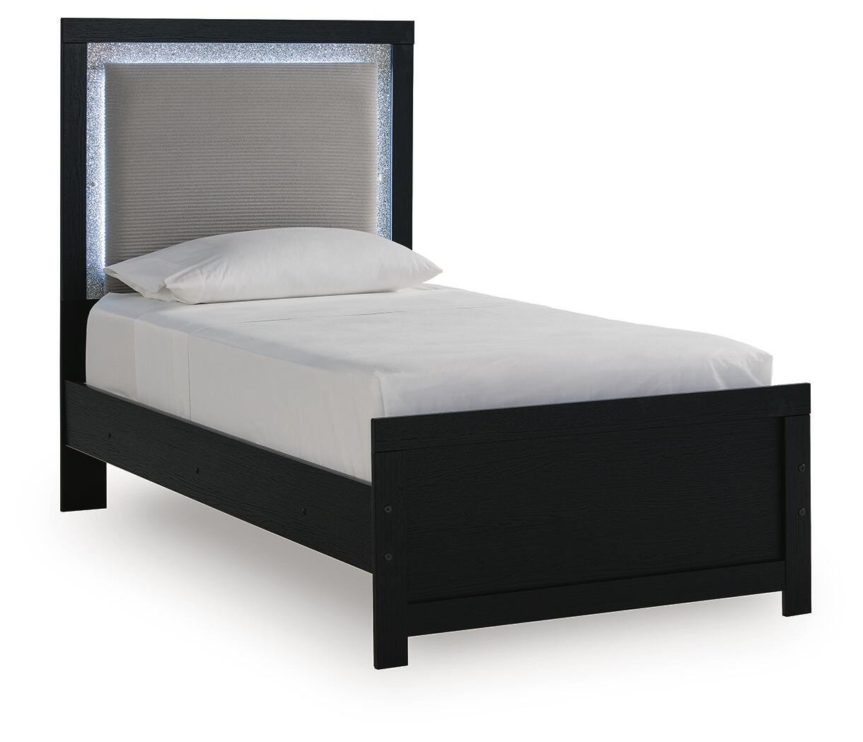 Maeling Black Twin Upholstered Panel Bed angled view