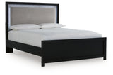 Maeling Black Queen Upholstered Panel Bed angled view