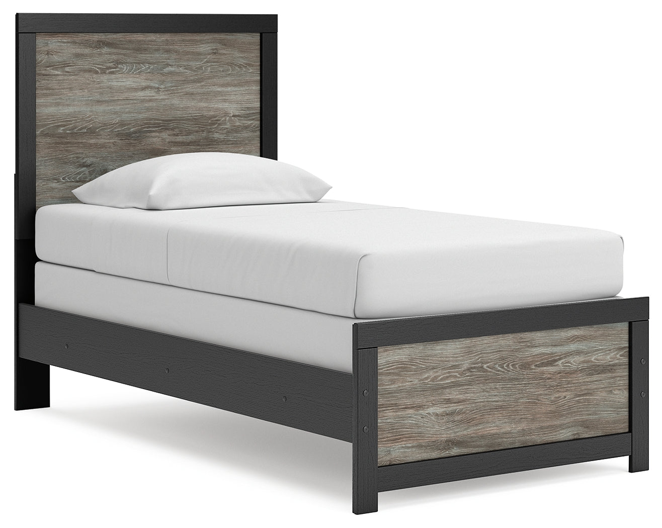 Side view of Broachmyn Twin Panel Bed highlighting black and gray two-tone finish