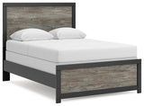 Broachmyn full panel bed side angle with rustic gray and matte black finish
