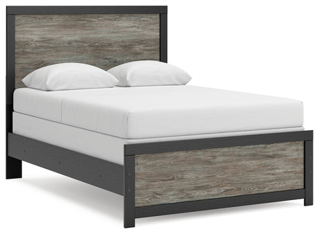 Broachmyn full panel bed side angle with rustic gray and matte black finish