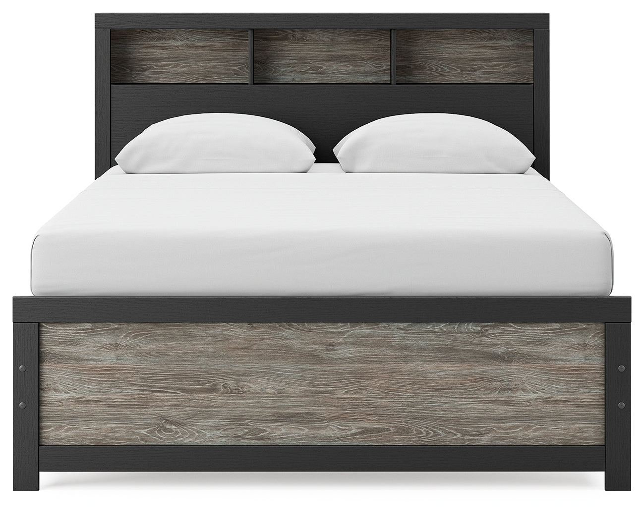 Broachmyn queen bookcase bed head-on view showing cubbies