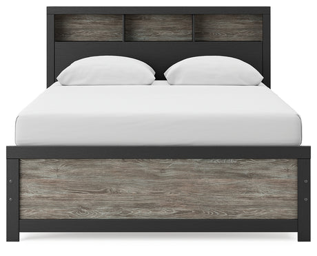 Broachmyn queen bookcase bed head-on view showing cubbies