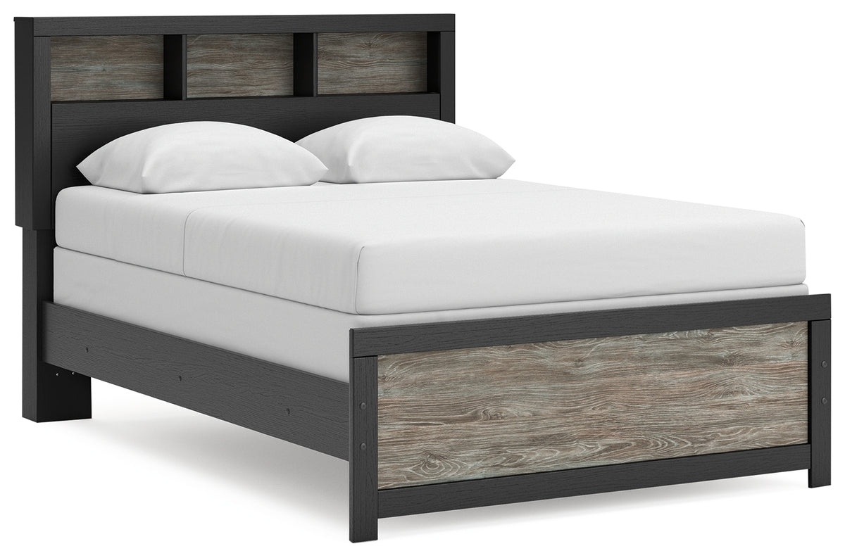 Side angle of Broachmyn full bookcase bed in black and gray
