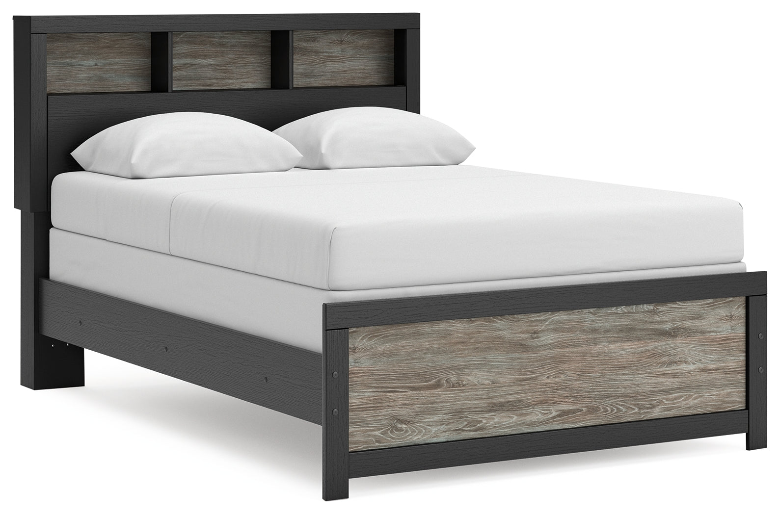 Side angle of Broachmyn full bookcase bed in black and gray