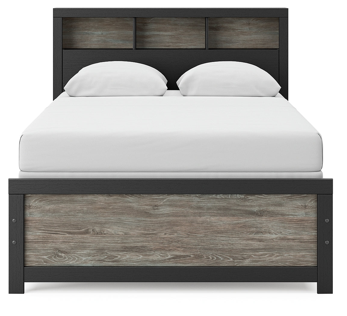 Head-on view of Broachmyn full bookcase bed headboard with storage cubbies