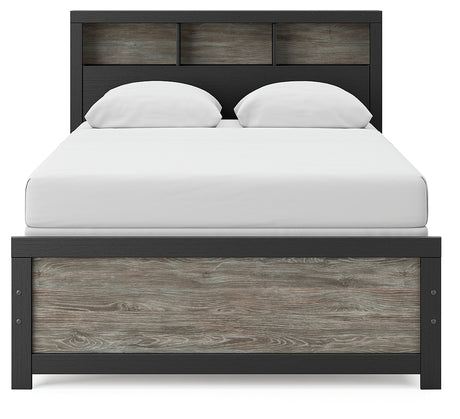 Head-on view of Broachmyn full bookcase bed headboard with storage cubbies