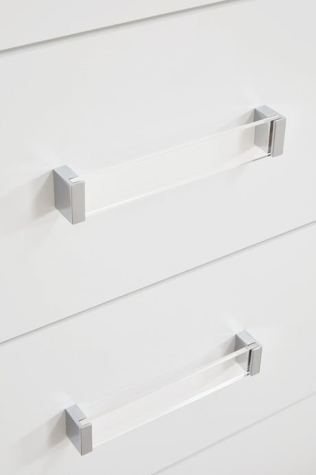 Detail of acrylic and chrome-tone drawer handle