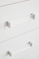 Close-up of acrylic and chrome-tone handles on Maeling chest