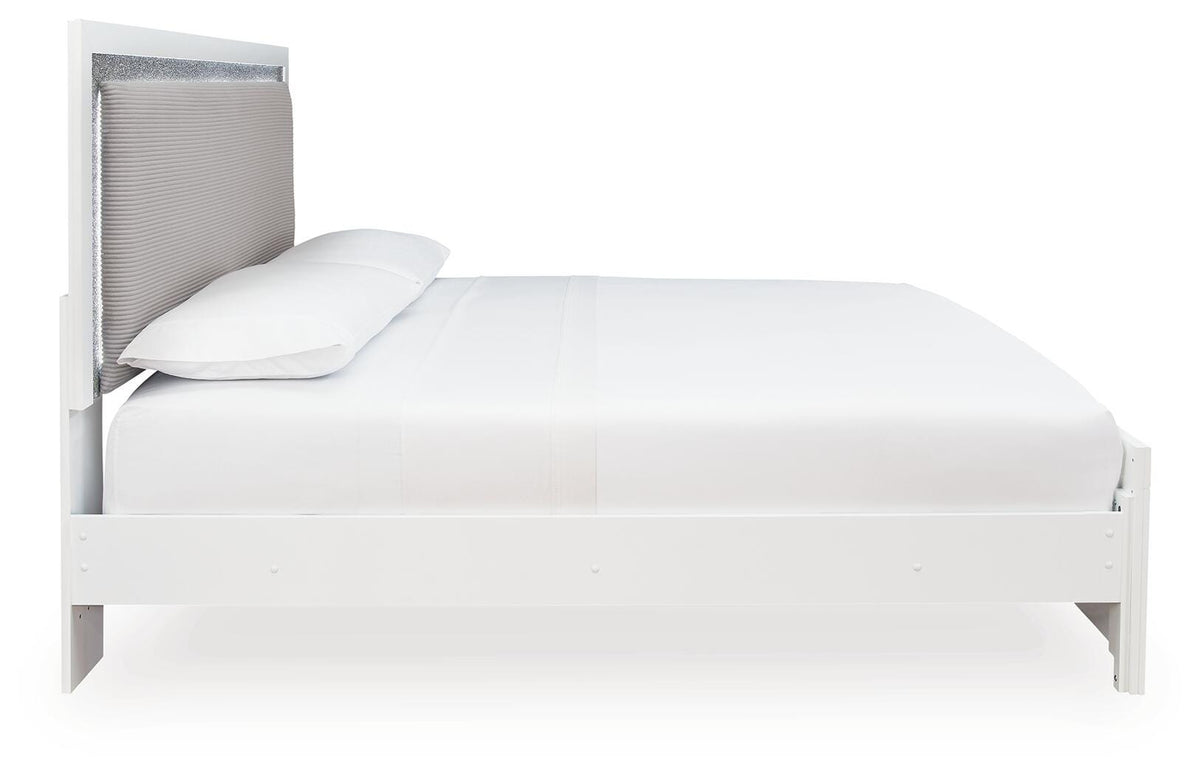 Side view of Maeling White King Upholstered Panel Bed