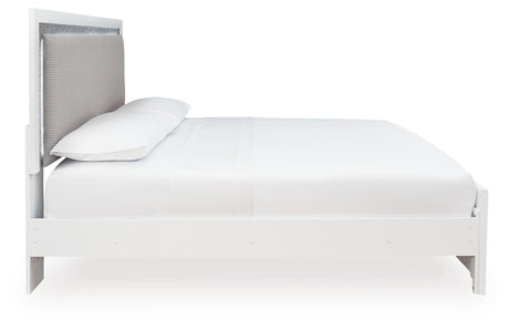Side view of Maeling White King Upholstered Panel Bed