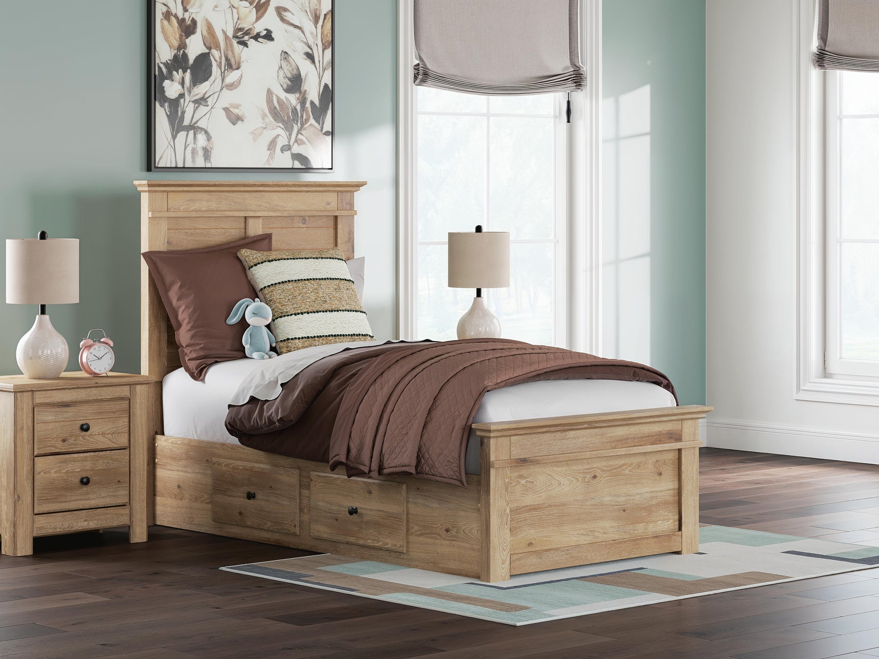 Makidern Tan Twin Panel Storage Bed storage drawer open view