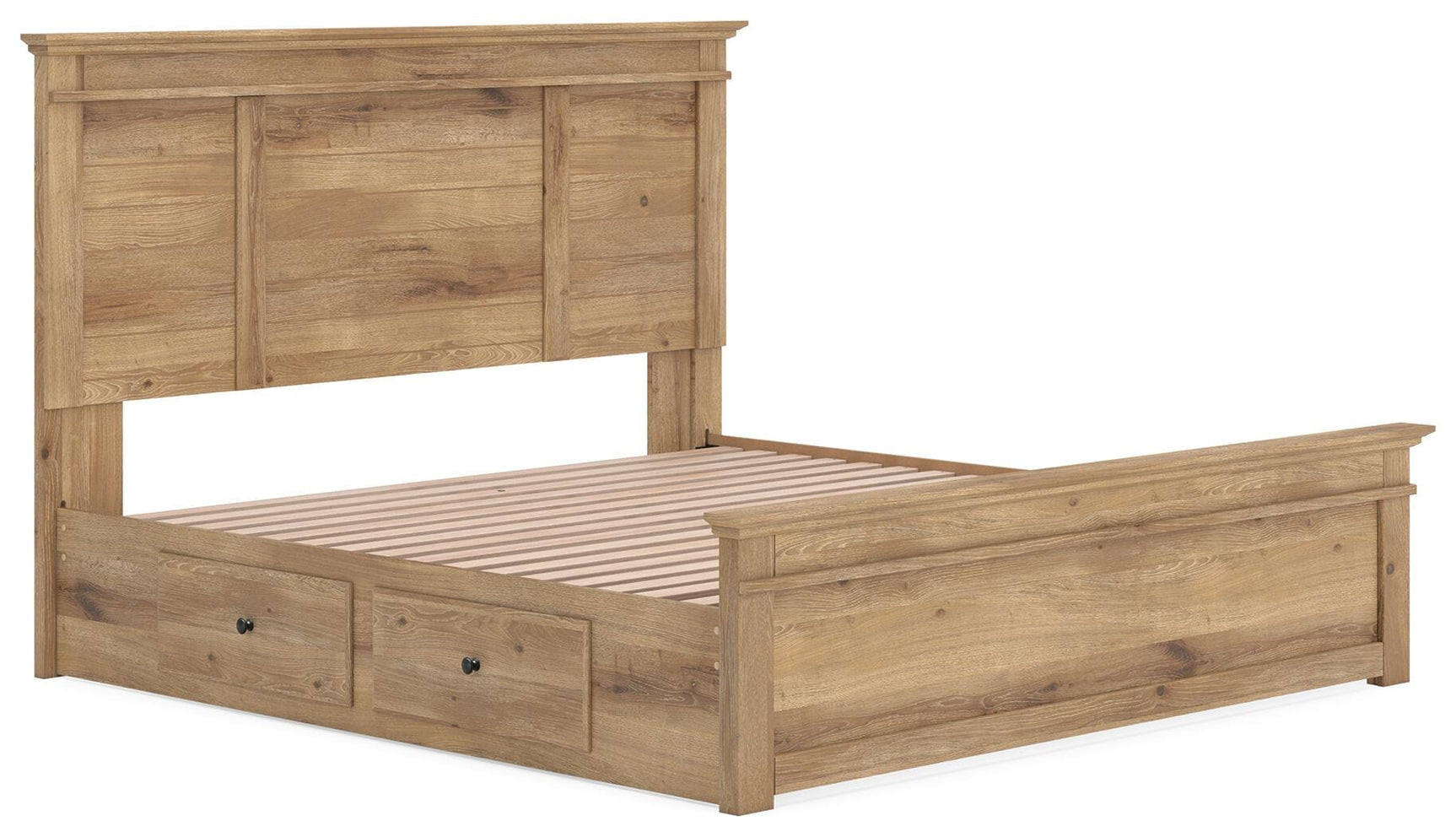 Side angle of Makidern tan king bed