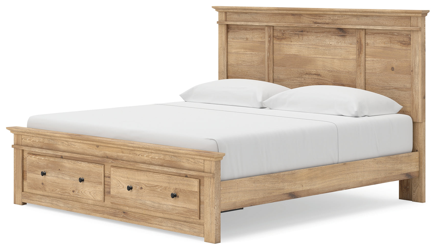 Bed corner showing wood grain finish