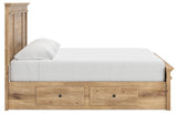 Tan king panel storage bed with headboard and storage drawers