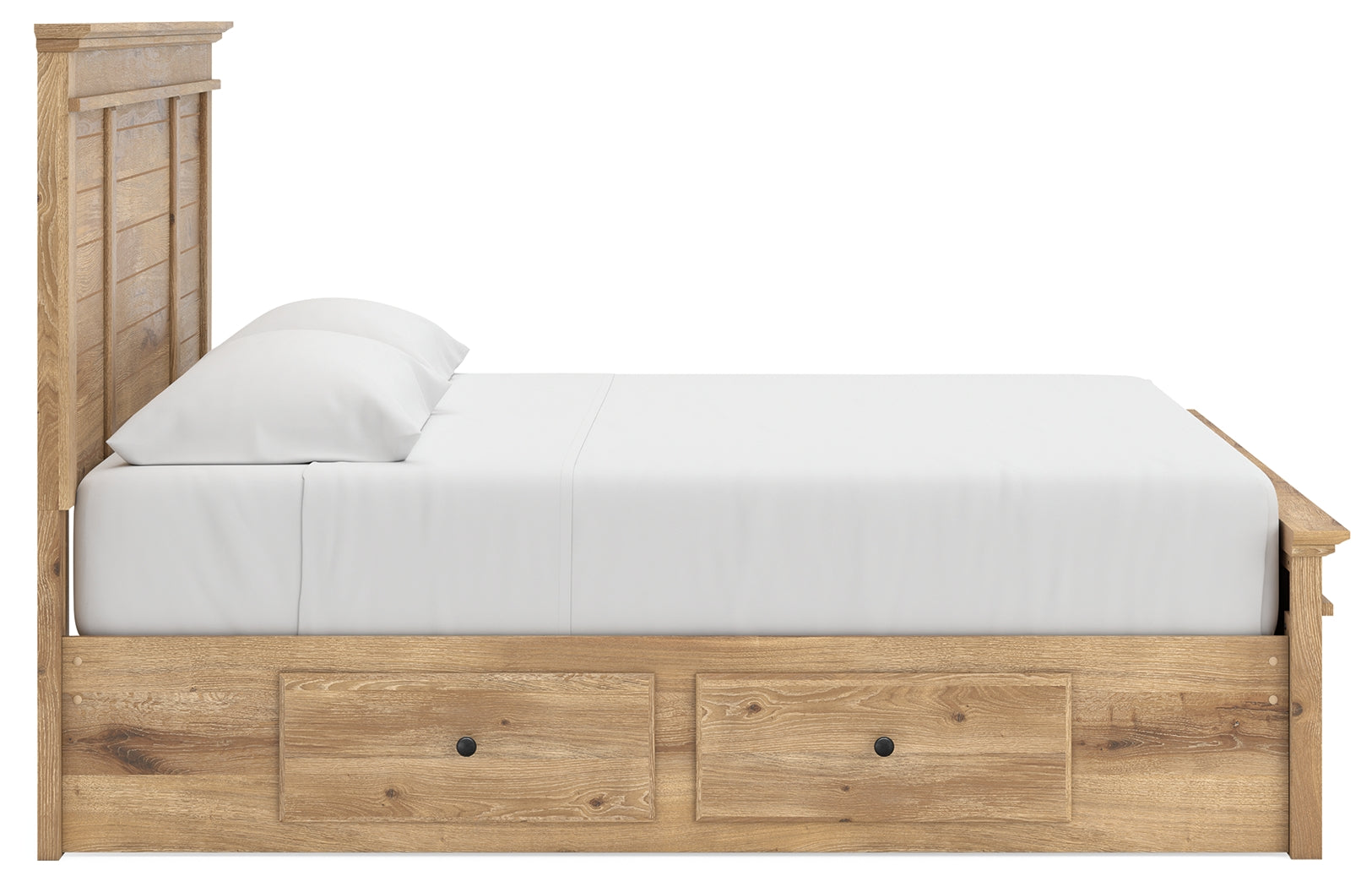 Tan king panel storage bed with headboard and storage drawers