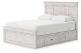 Makidern whitewash queen panel storage bed front angled view