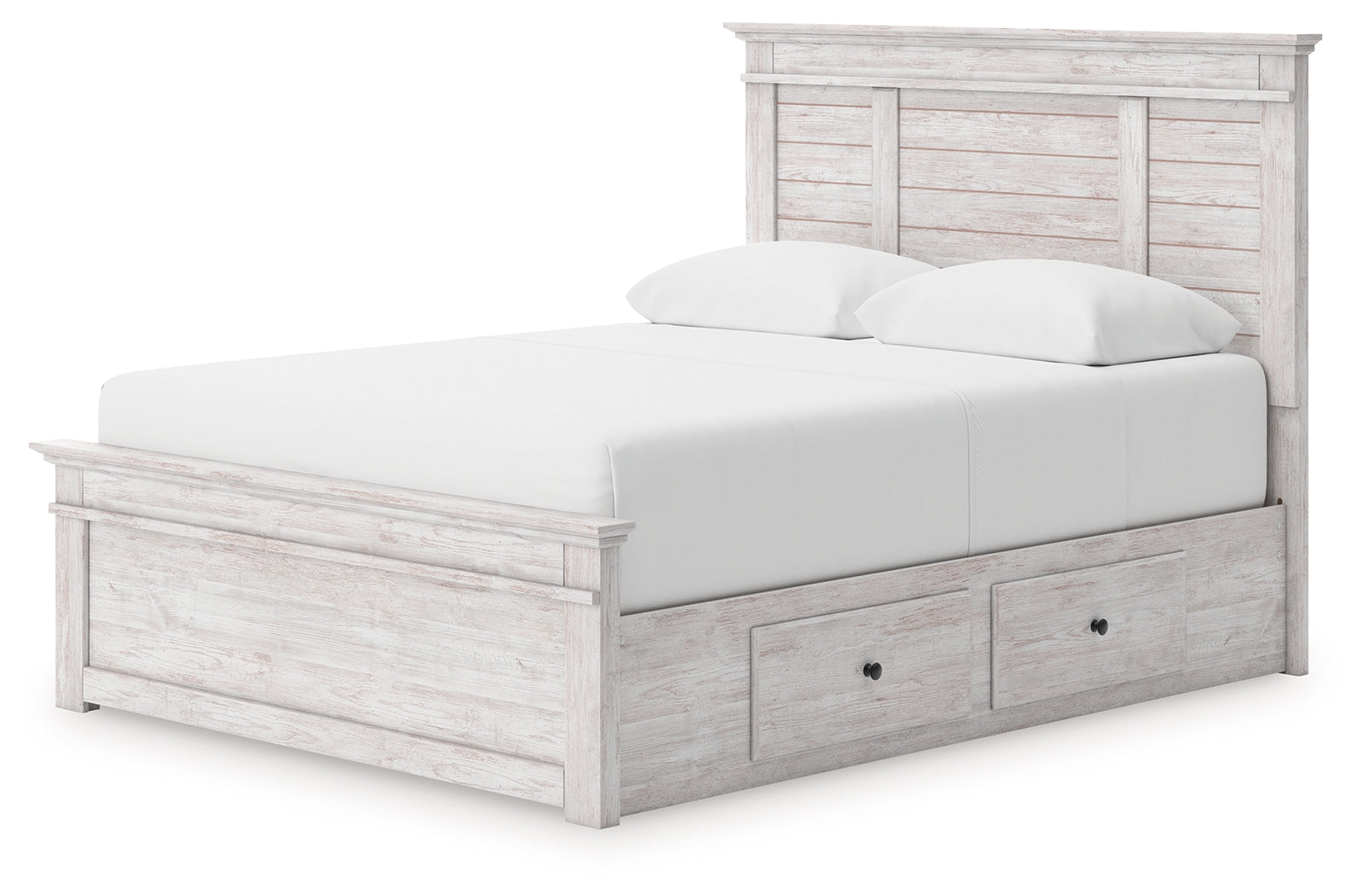 Makidern whitewash queen panel storage bed front angled view