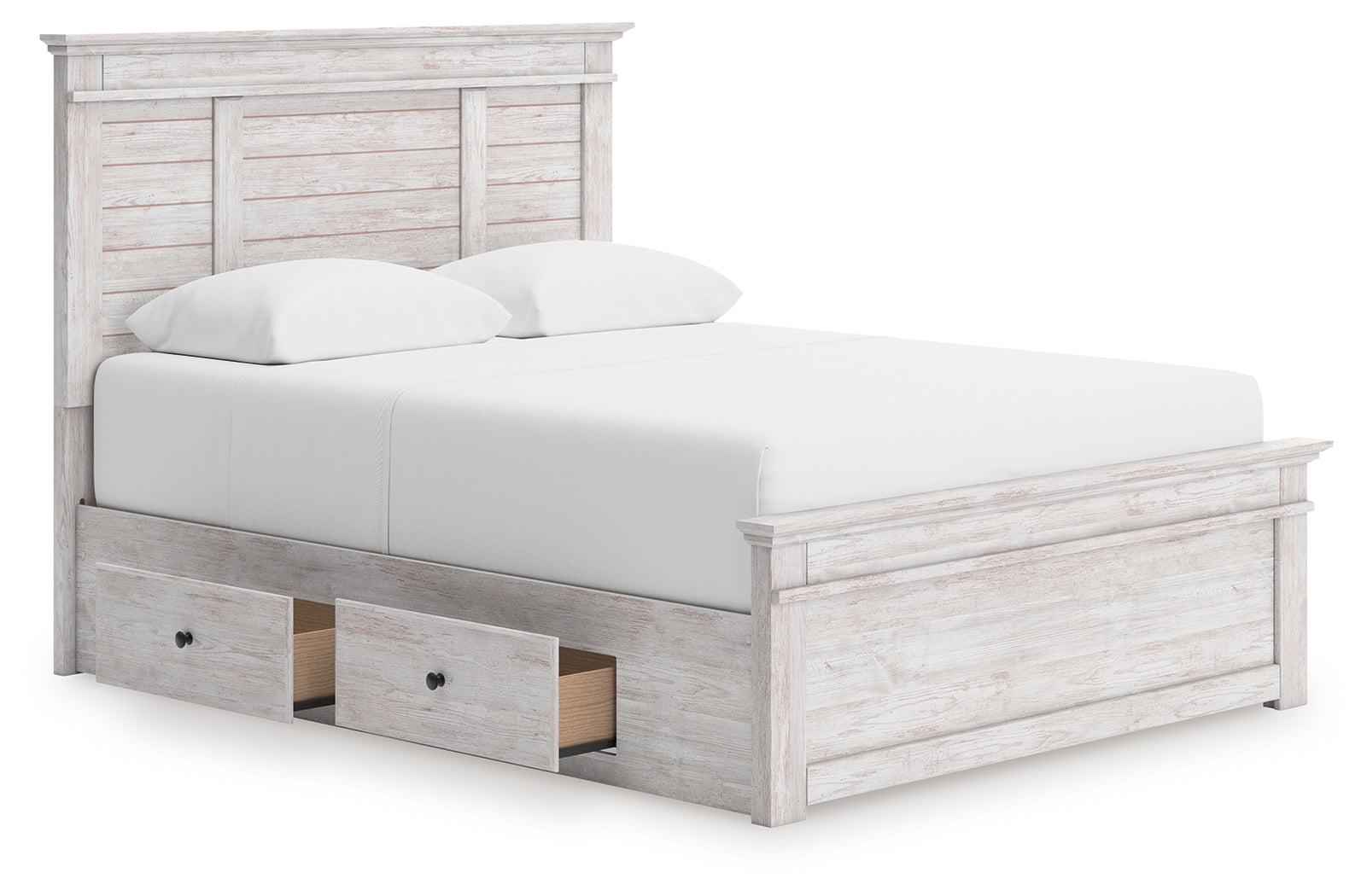 Makidern whitewash queen panel storage bed front angled view