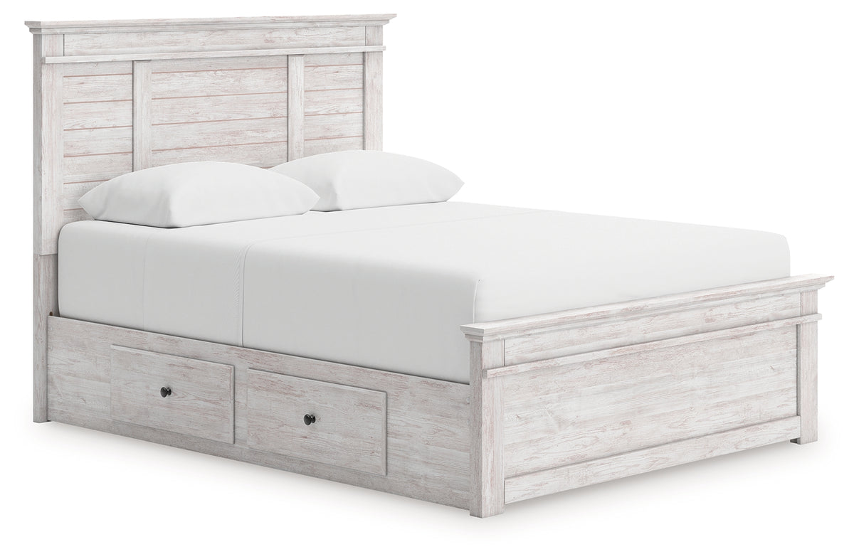 Makidern whitewash queen panel storage bed front angled view