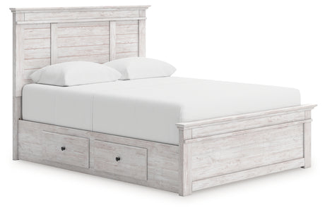 Makidern whitewash queen panel storage bed front angled view