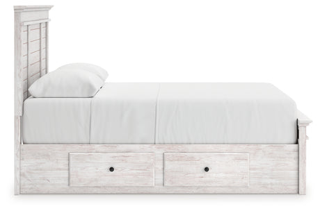 Makidern whitewash queen panel storage bed front angled view