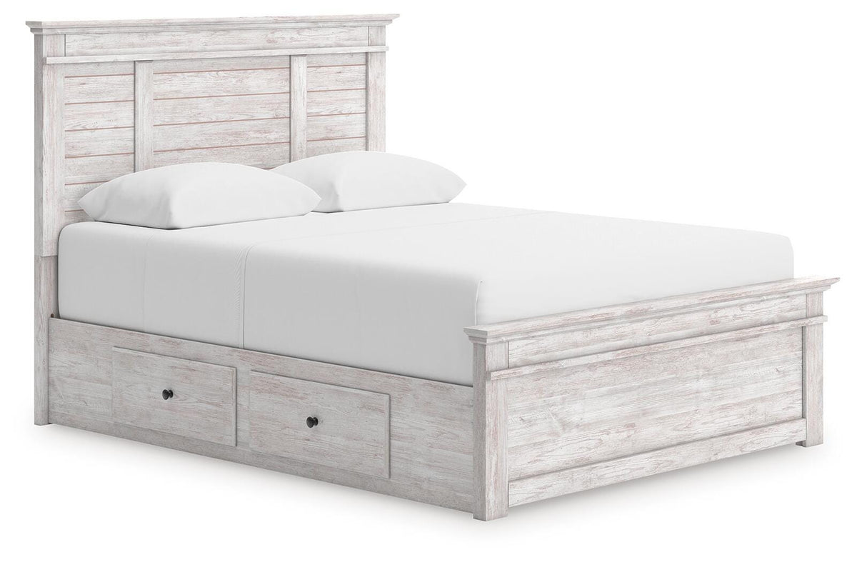 Makidern Whitewash Queen Panel Storage Bed angled view