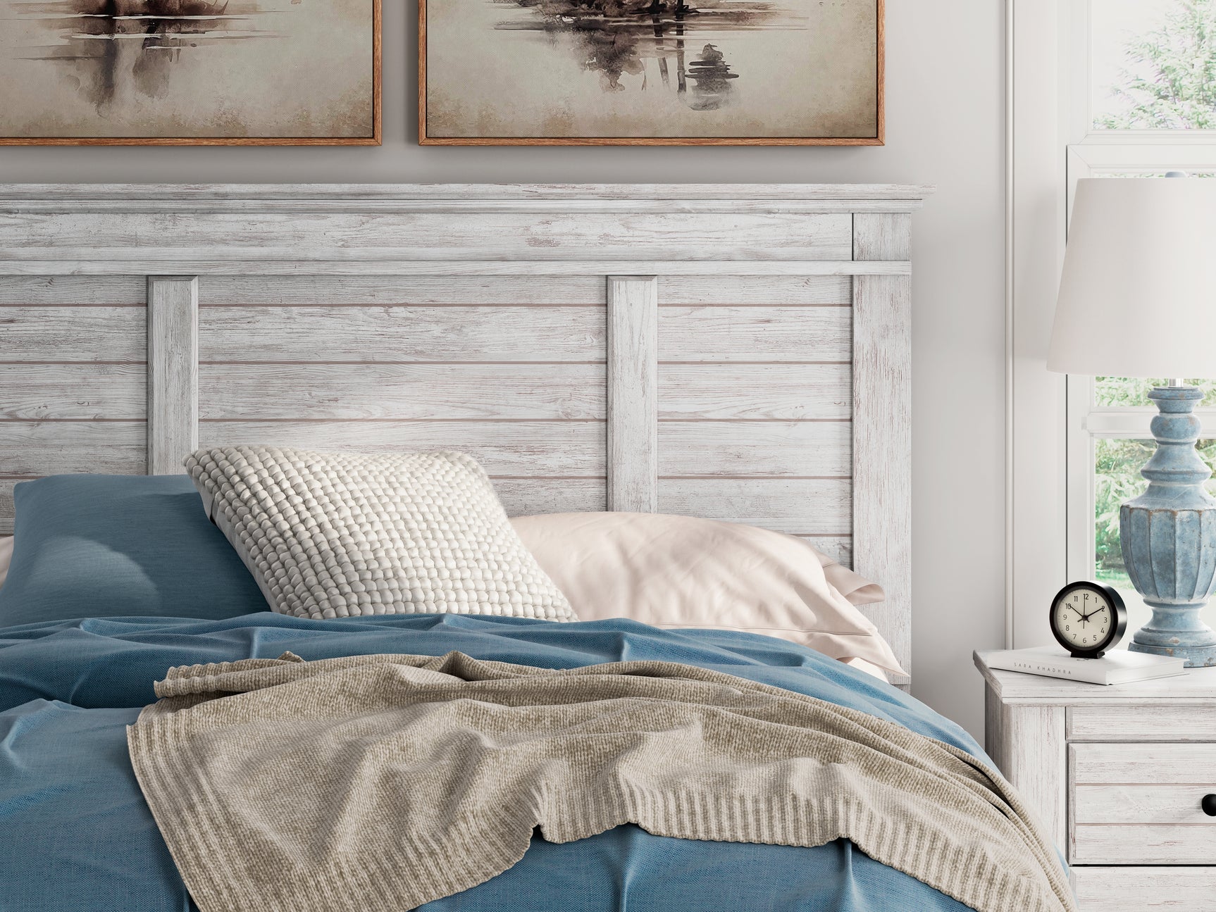Makidern Whitewash Queen Panel Bed headboard detail