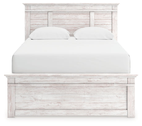 Makidern Whitewash Queen Panel Bed headboard closeup