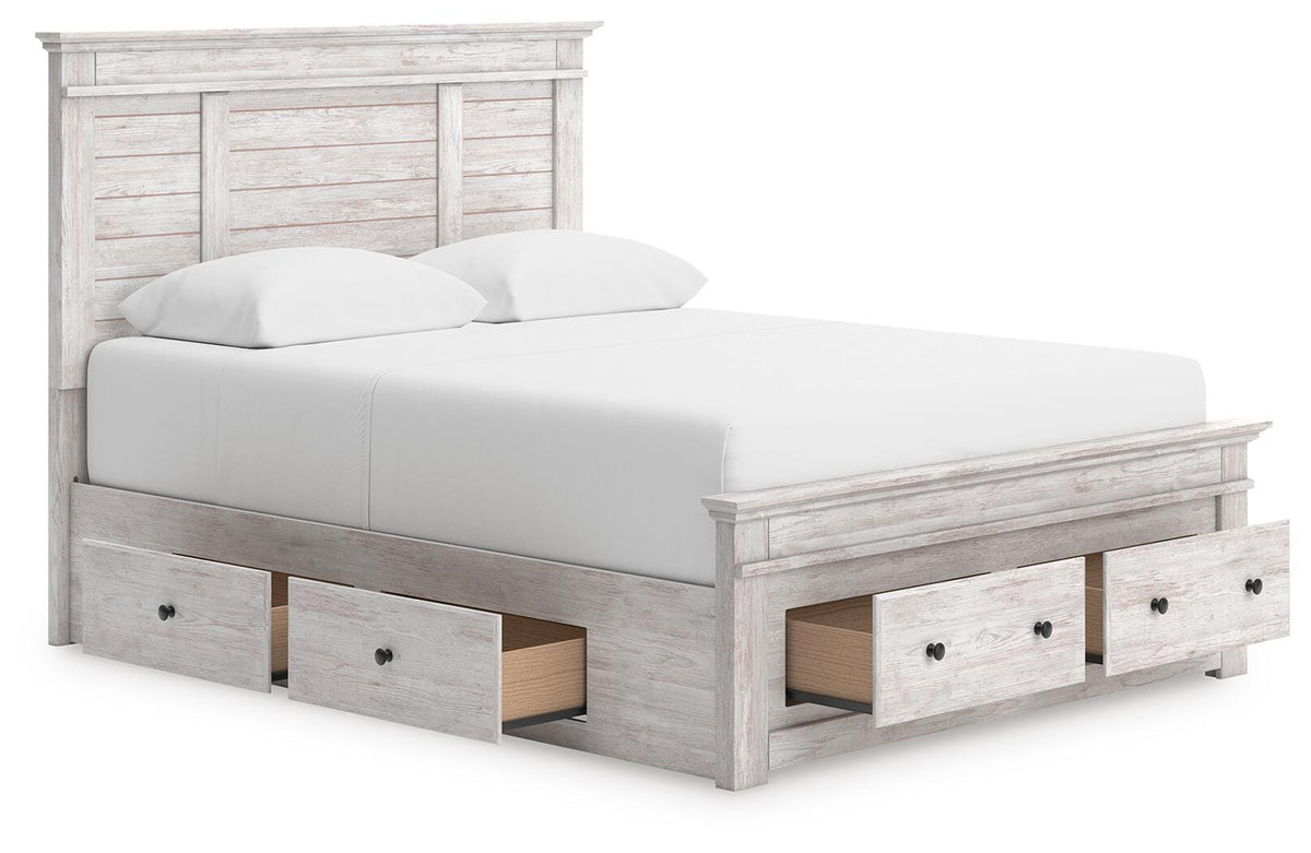 Makidern Whitewash Queen Panel Storage Bed angled view