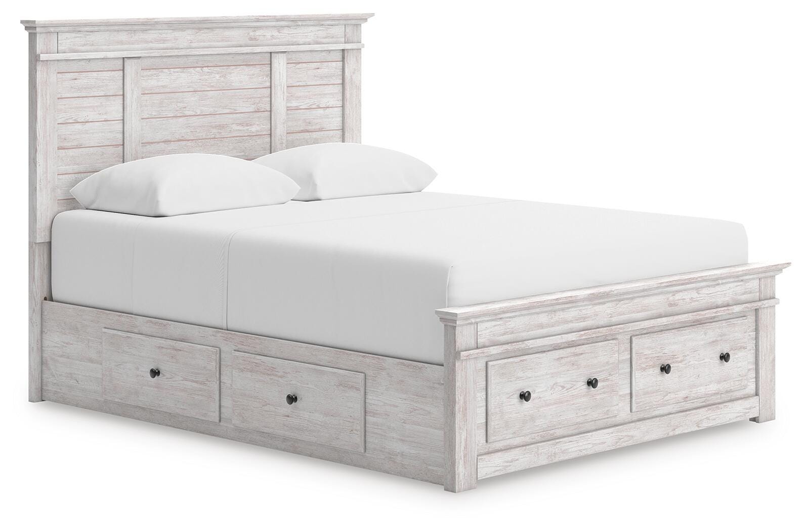 Makidern whitewash queen panel storage bed front angled view