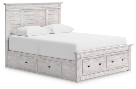 Makidern whitewash queen panel storage bed front angled view