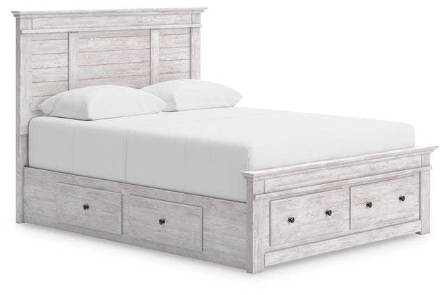 Makidern whitewash queen panel storage bed front angled view