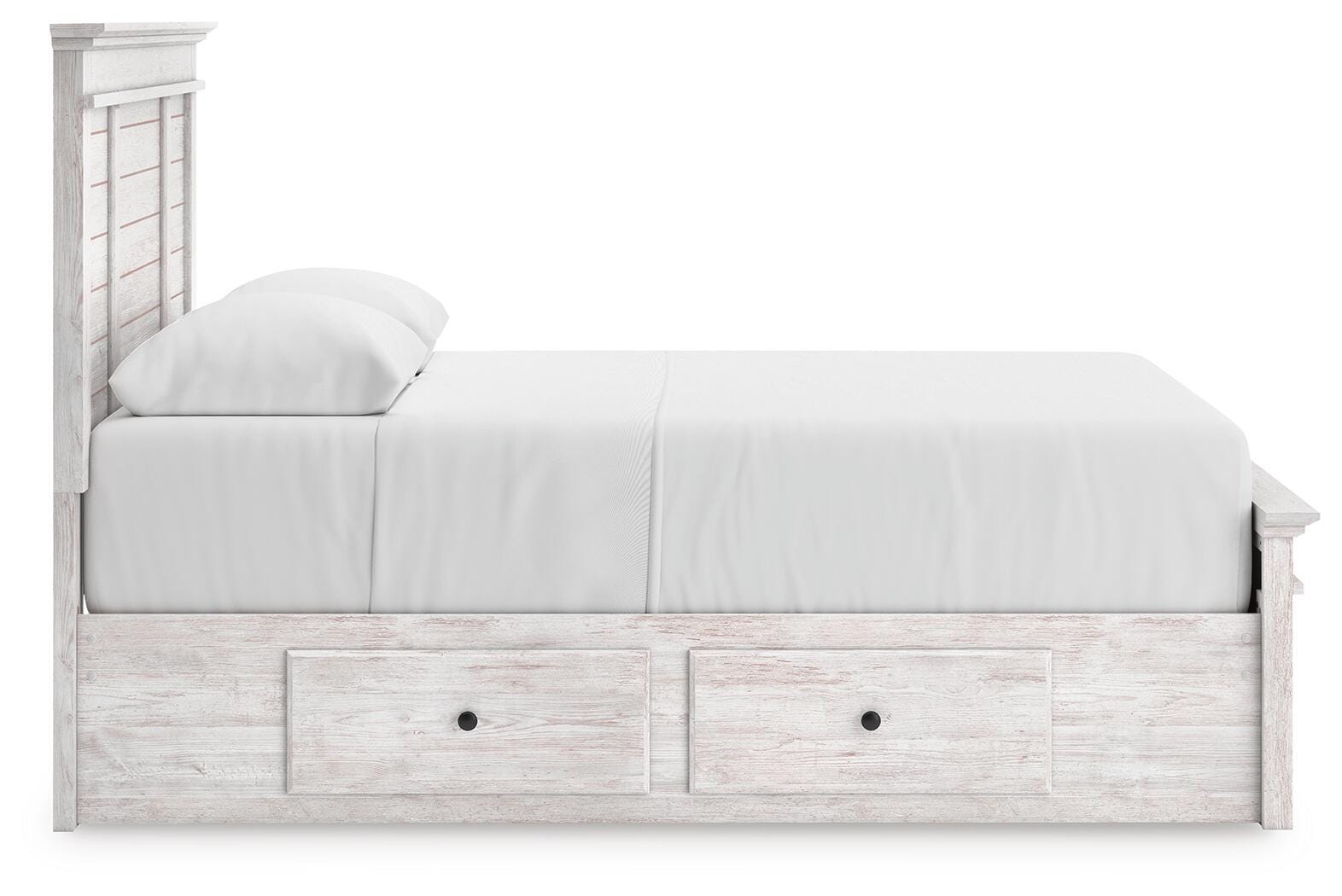 Side view of Makidern queen panel storage bed