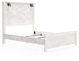 Gerridan White Gray Queen Panel Bed front angled view with headboard and sconce lights