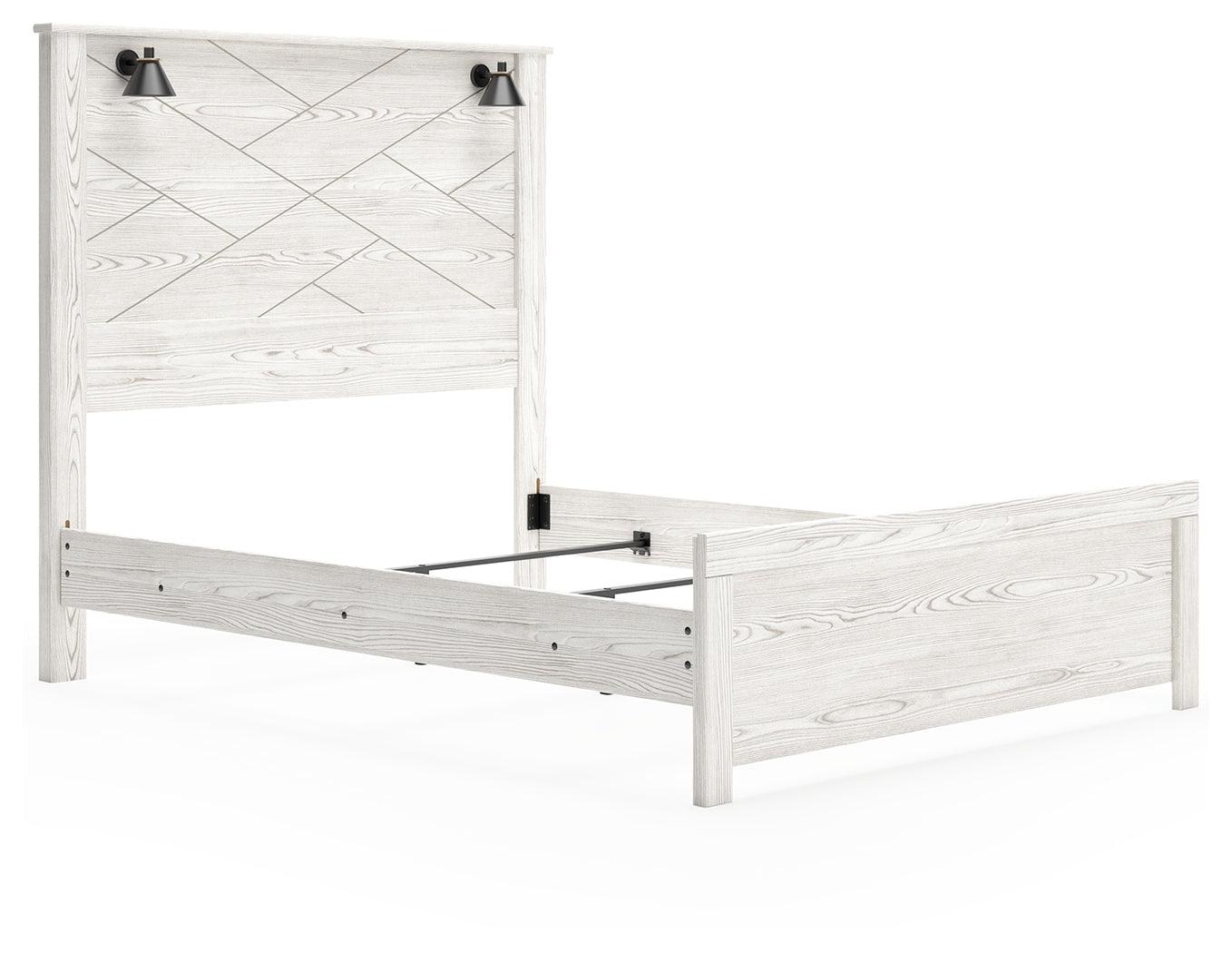 Gerridan White Gray Queen Panel Bed front angled view with headboard and sconce lights