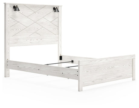 Gerridan White Gray Queen Panel Bed front angled view with headboard and sconce lights